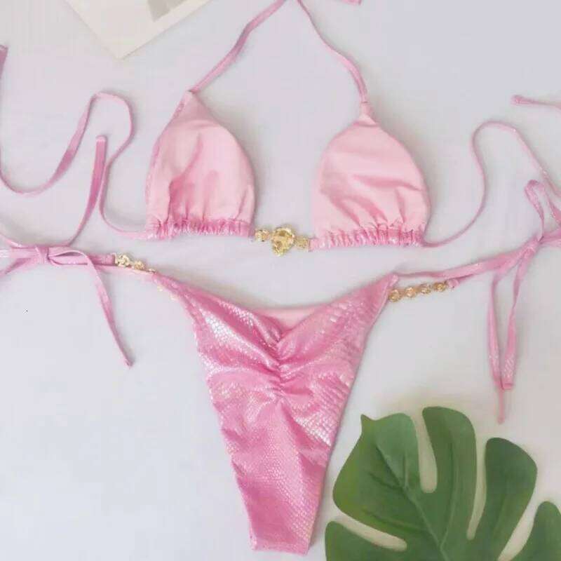 Pink Sexy Bikinis Swimsuits With Rhinestones Women Swimwear Female Push Up Bikini Beach Swim Wear Bathing Suits Pool Bather 2025 C260207