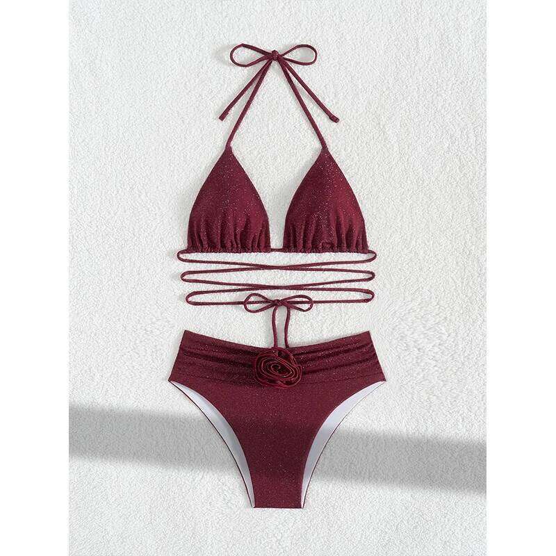 FASKOB solid color sexy drawstring women's two-piece 2025 bikini suit summer beach swimsuit C260207