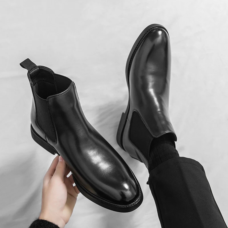 British and Korean style trendy mens casual hightop leather shoes brock riding boots Chelsea pointed business ankle 260208
