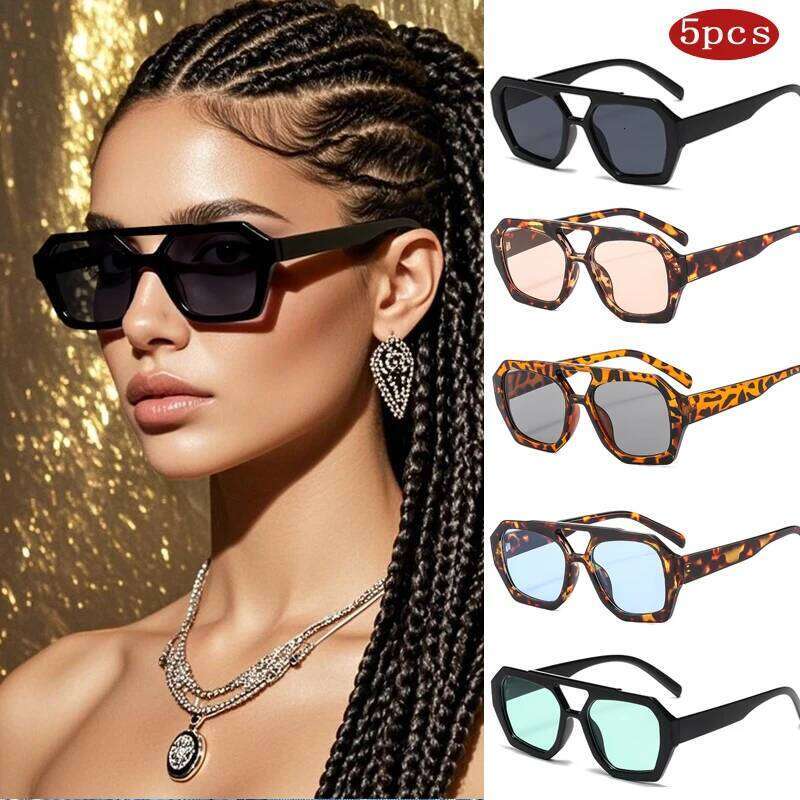 5set Large Frame Square Sunglasses Fashion New Retro Double Bridges Sun Glasses Female Luxury Designer Lady Eyewear UV400 Y260207