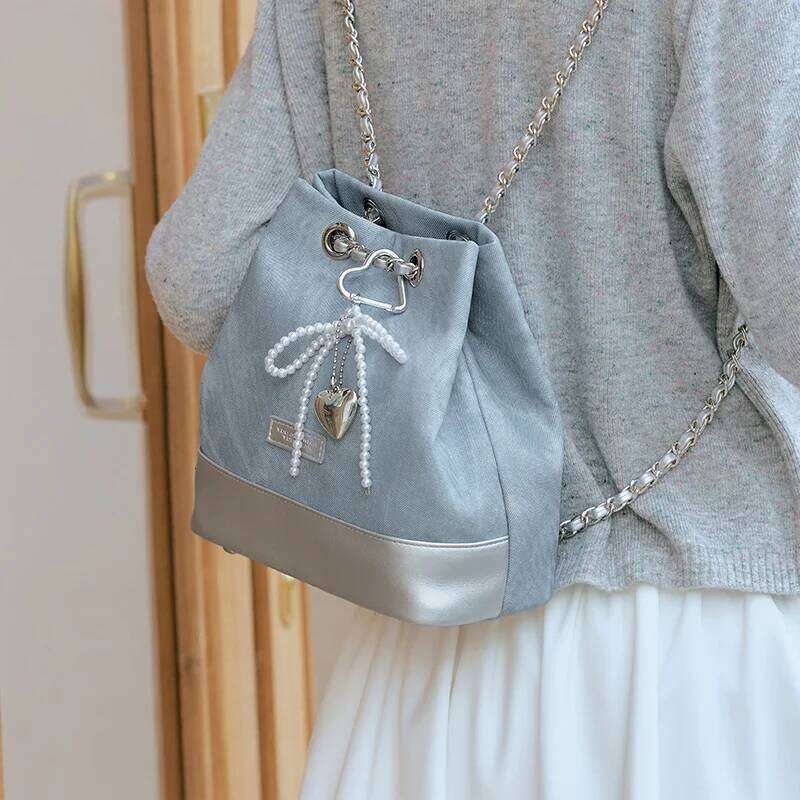Semir Backpack Women New Style Stylish Color-blocking Imitation Denim Bucket Bowknot Chain Bag Popular