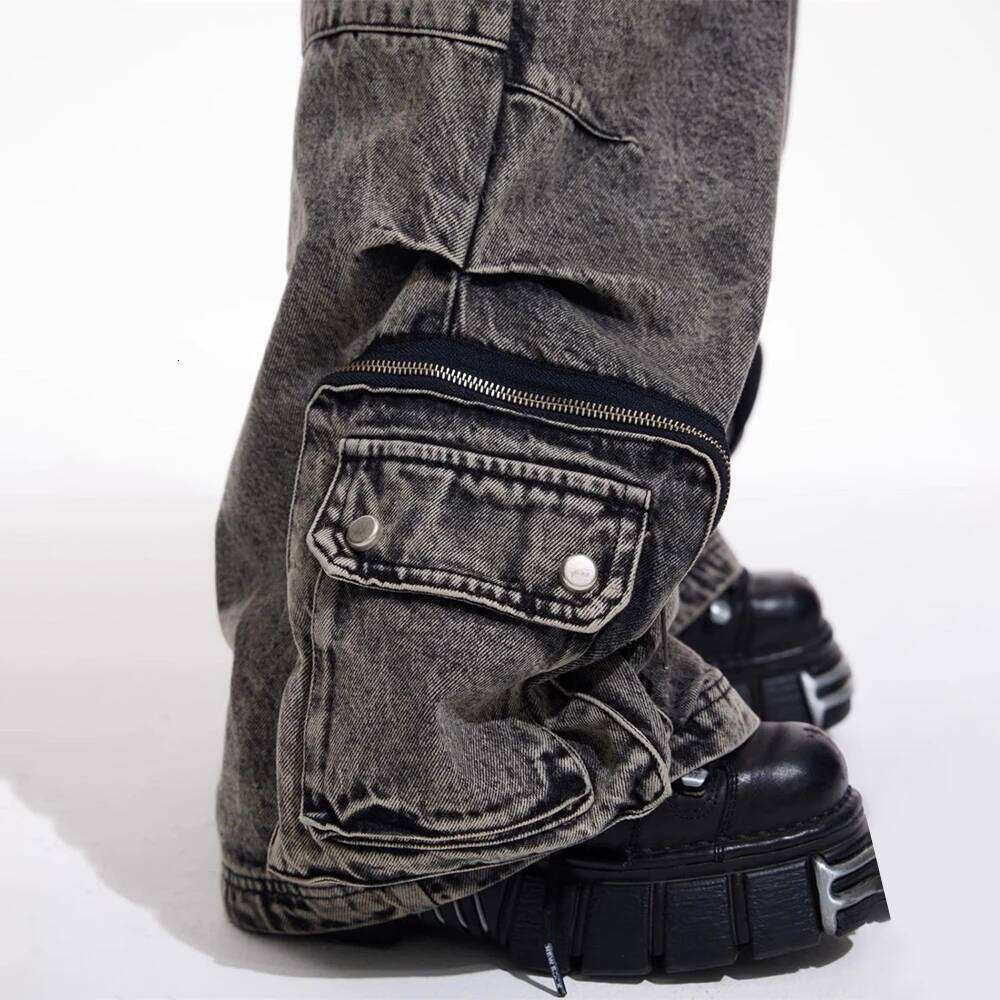 Men Gothic Y2k Big Pocket Cargo Jeans Streetwear Fashion Japanese Youth Campus Wide Leg Casual Pants Male Men'S Clothing
