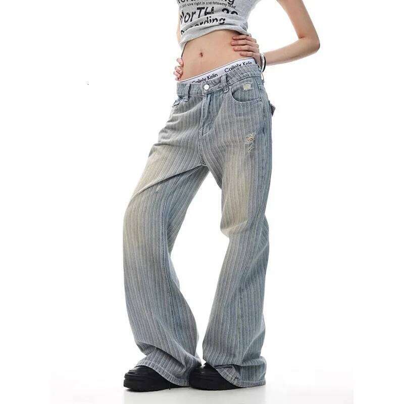 Y2K Baggy Striped Long Denim Jeans Loose High Street Micro Flared Cleanfit Casual Trousers For Womens