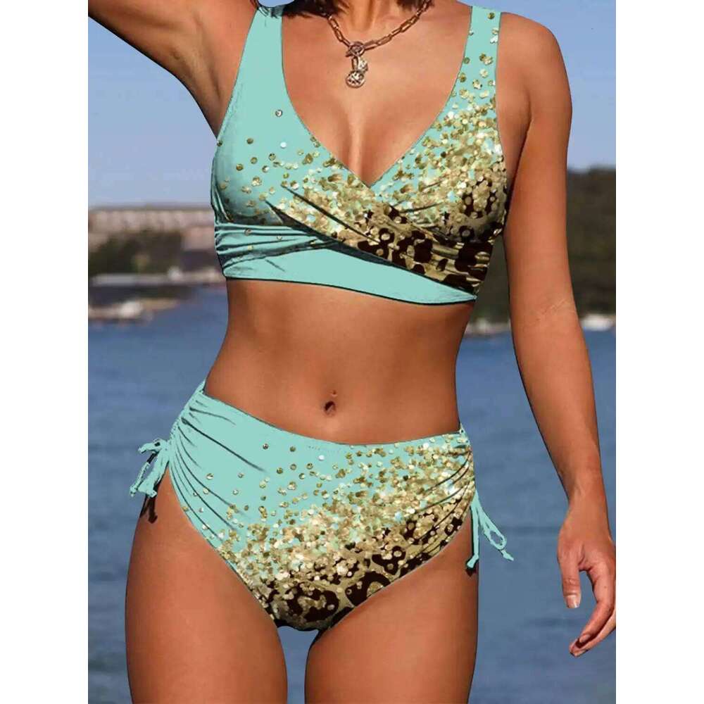 2025 Drawstring V Neck High Waist Bikini Women Printed Swimwear Female Swimsuit Bathers Bathing Swimming Suit Beachwear Summer C260207