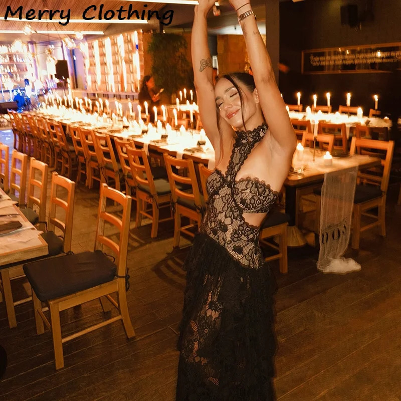 Sexy Lace Patchwork Dress Women Hollow Out Sleeveless Party Club Long Skirt See Through Halter Evening Gown Vacation Lady Robes 260122