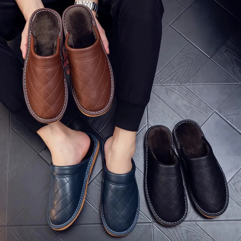 Genuine Leather Handmade Men House Slippers Winter Slip On Soft Comfort Black Brown Bedroom Indoor Flat Men Shoes 260124
