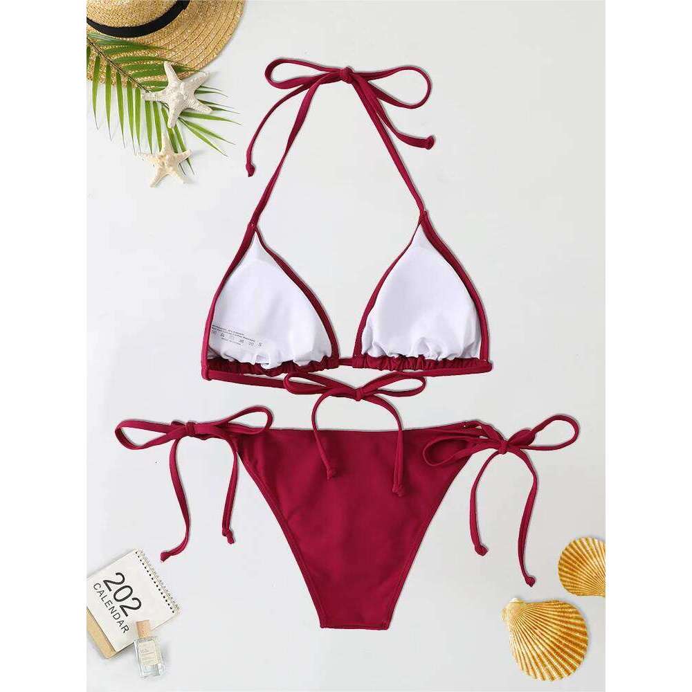 2Pcs/Set Women Thong Set Side Lace-up Sexy Swimsuit Bandage Neck Tie Swimwear Adjustable Brazilian Style Bikini Underwear C260207