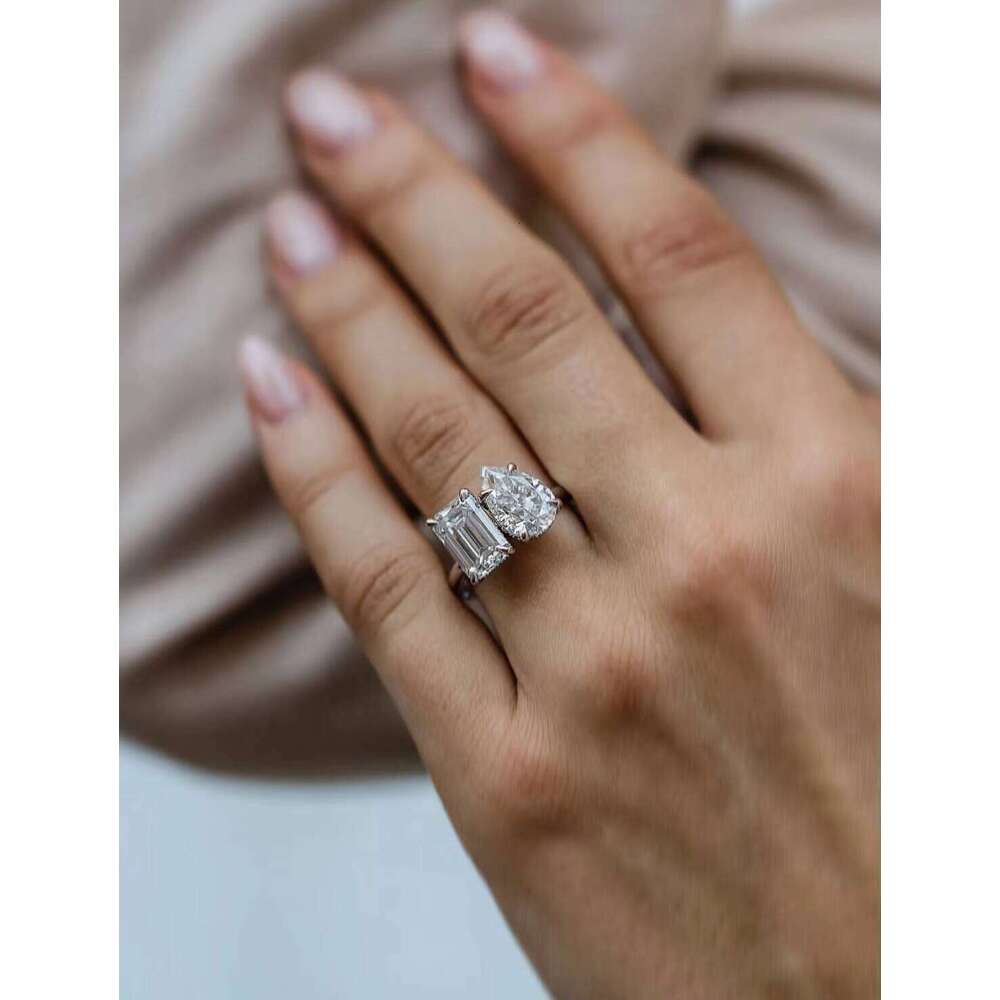 Fine Jewelry Custom Real 14K 18K Solid Gold Emerald And Pear Shape Lab Grown Diamond Engagement Band Ring