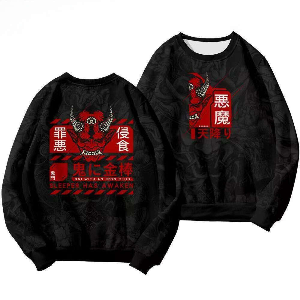 Trendy New Chinese-Style Hoodie With Hannaya Demon Print, Suitable Autumn And Winter, Featuring A Unique Design Inspired By Hundred Demons Of The Nigh