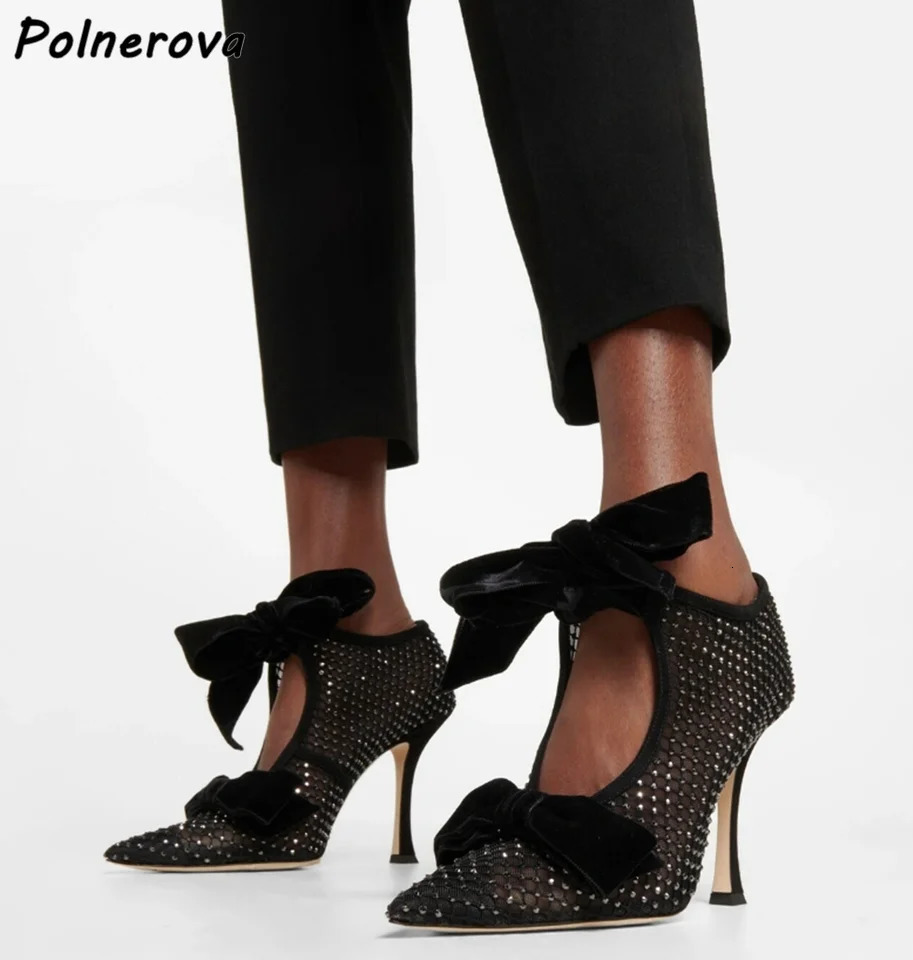 Air Mesh Butterfly Knot Pumps Hollow Black Thin Heels Pointy Toe Crystal Shoes Sexy Stiletto 260208