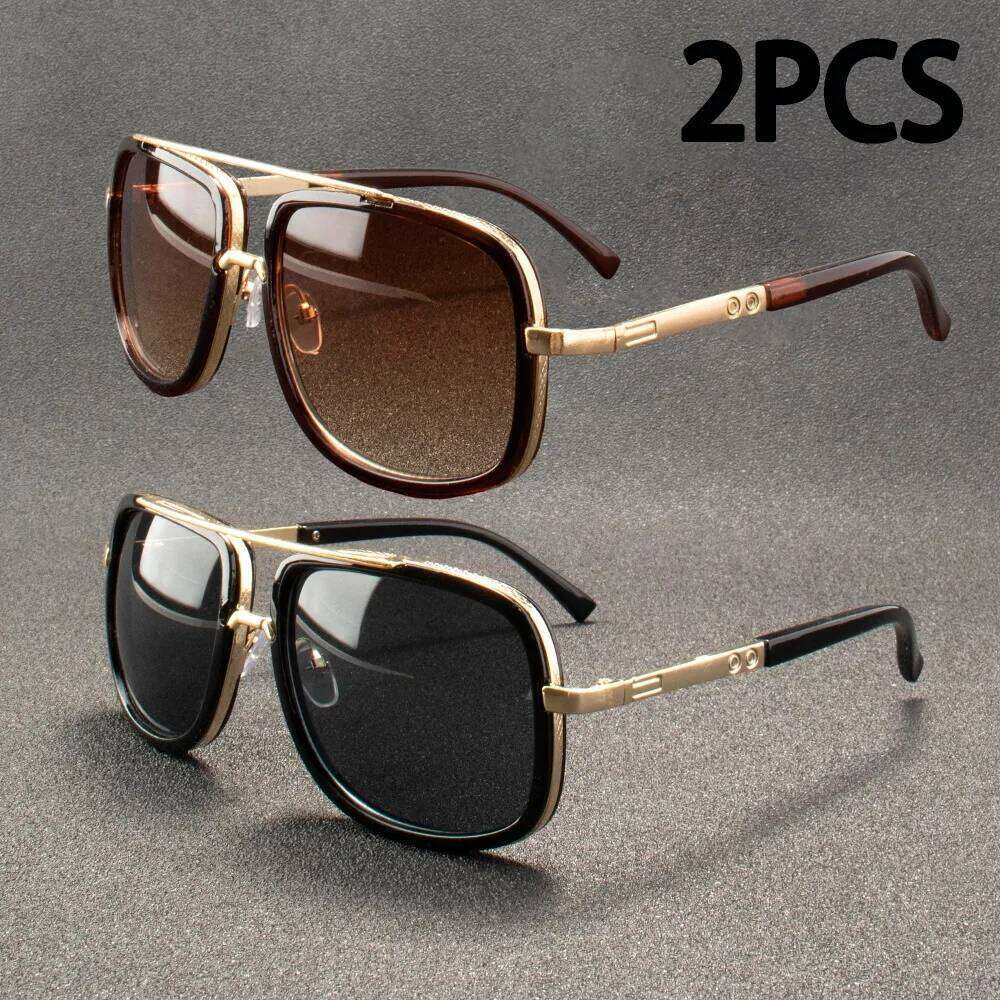 2PCS Fashion Big Frame Sunglasses Men Square Metal Women Retro Sun Glasses Vintage High Quality Gafas Oculos De Sol Y260207