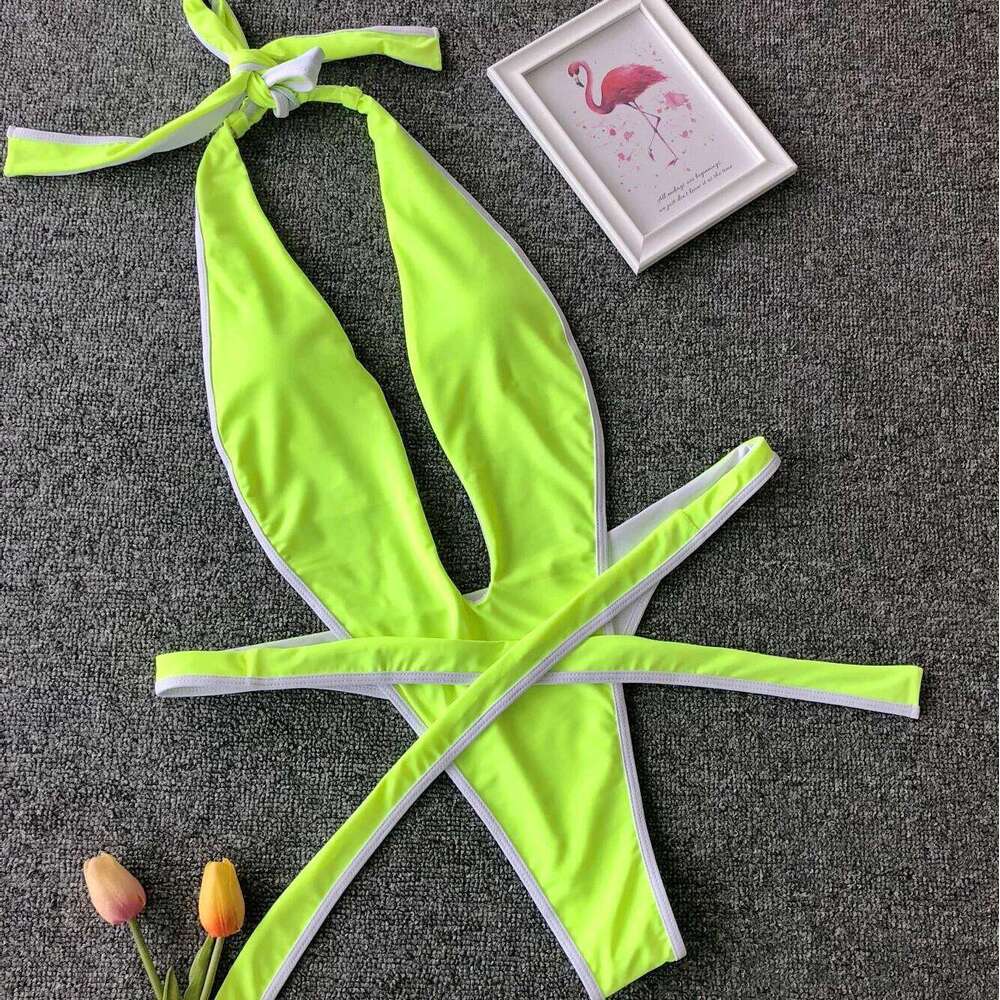 Sexy One Piece Swimsuit Thong Monokini Swimwear Women 2023 New Backless Cut Out Halter Bandage V Neck Plunging Bathing Suit C260207