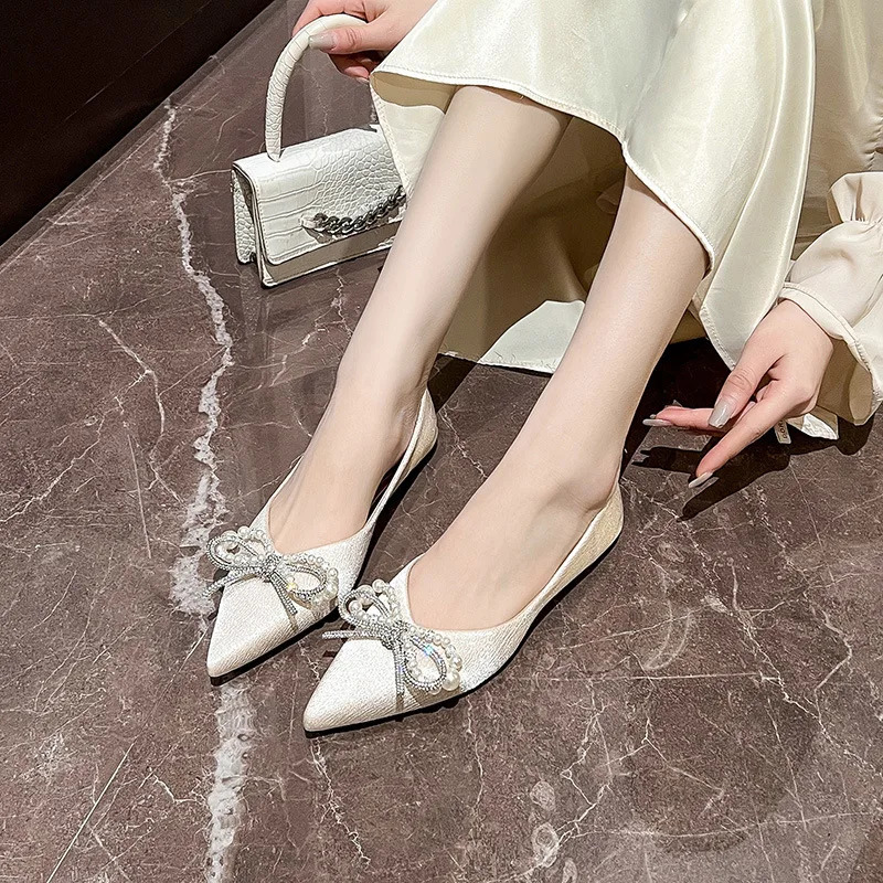 pearl bow flat shoes woman pointy silk strings ballet flats women crystal bow moccasins wedding shoes big size43 260124
