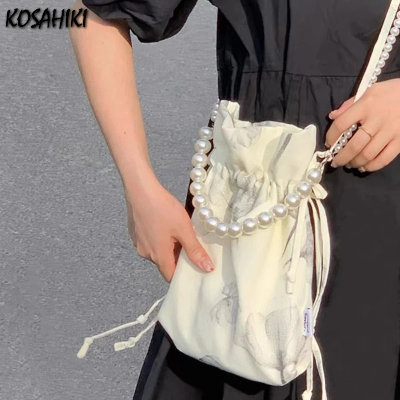 Women Mini Cellphone Bag Sweet Kawaii Drawstring Pleated Shoulder Bags Y2k Chinese Style Print Pearl Chain Handbags Crossbody 260208