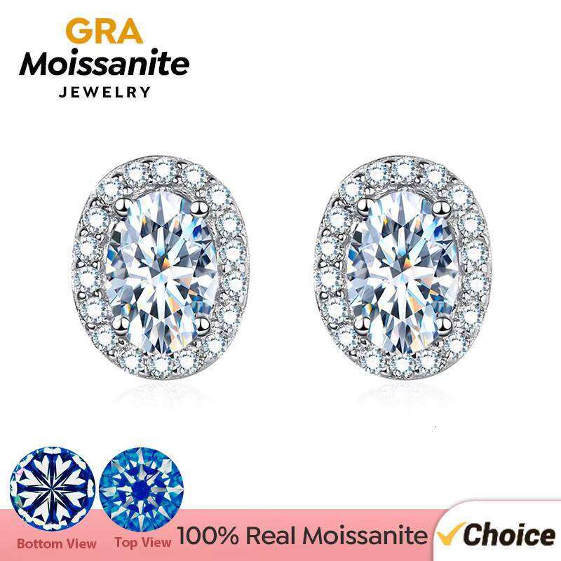 925 Sterling Silver GRA Certified 1Ct Oval Cut VVS D Color Moissanite Stud Halo Earrings Women Wedding Gift High Quality Jewelry