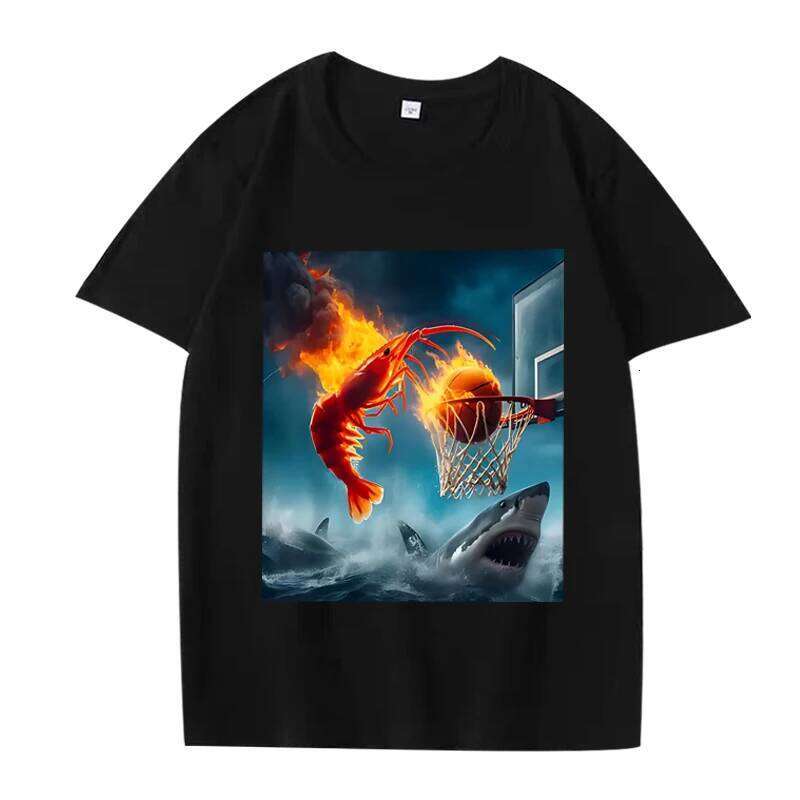 Shrimp Dunking on Shark Graphic Tee Retro Fishing Meme TShirt Women Short Sleeve Tops Aesthetic Clothes Summer Streetwear C260207