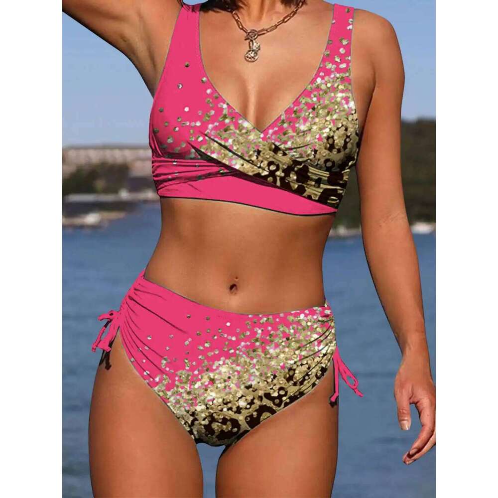 2025 Drawstring V Neck High Waist Bikini Women Printed Swimwear Female Swimsuit Bathers Bathing Swimming Suit Beachwear Summer C260207