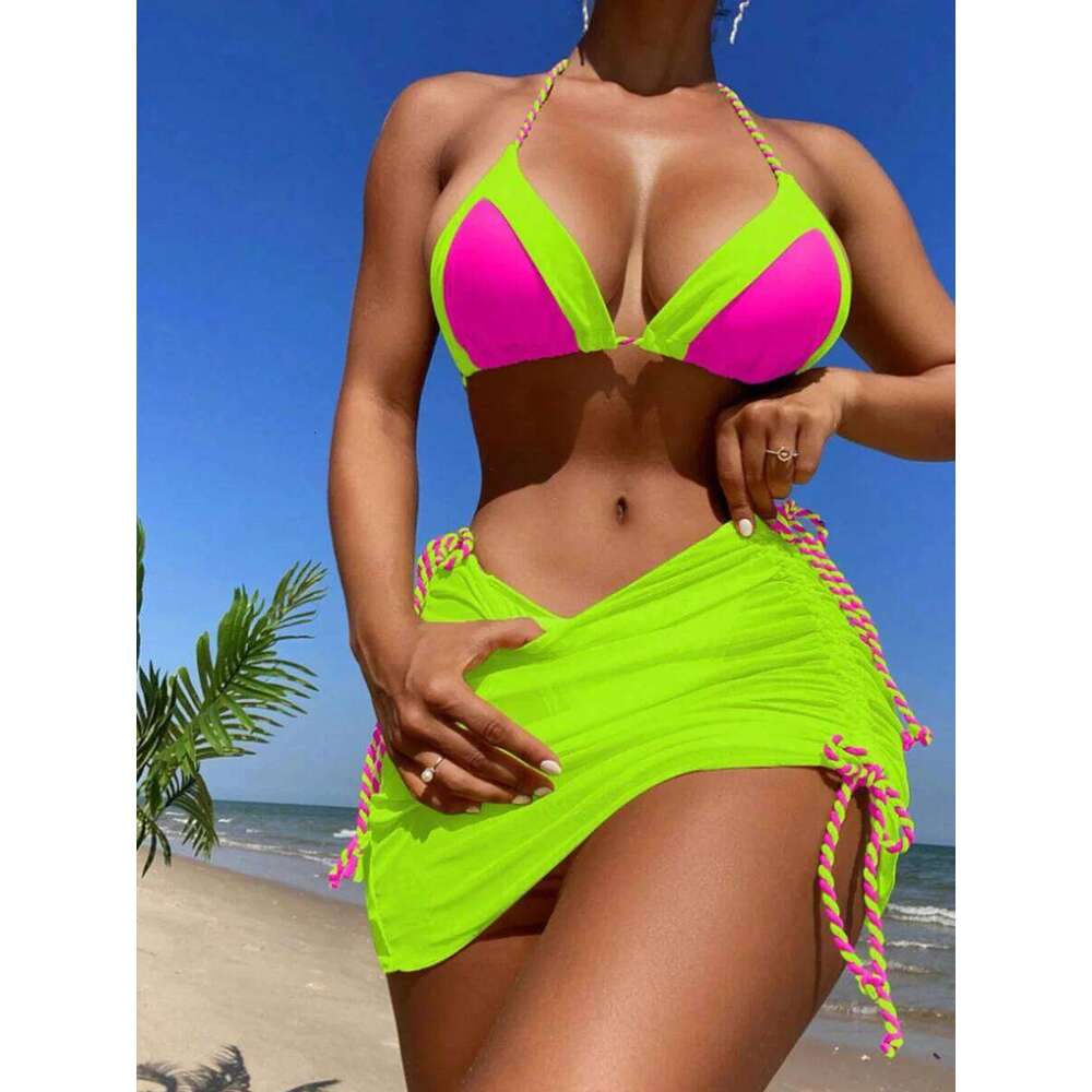 2025 Black Halter 3 Piece Bikini String Skirt Swimsuit Women Swimwear Female Bather Bathing Swimming Swim Suit Beachwear C260207