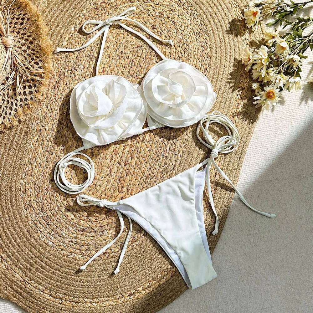 sexy 3D flower micro mini bikinis sets triangle two pieces padded thong swimwear female bathing suit biquini C260207