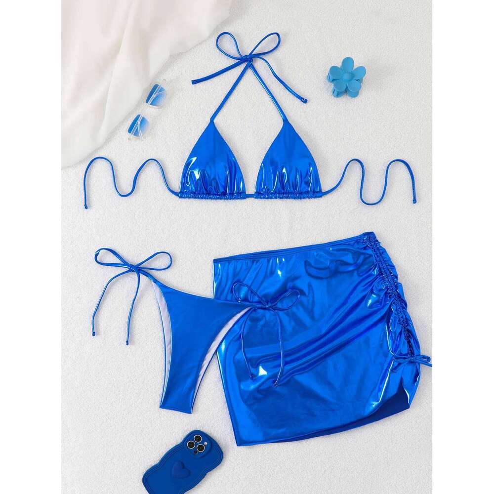2025 New 3 Pieces Swimsuit Women Thong Swimwear Sexy Bronzing Bikini Set With Sarong Mini Skirt Beachwear Bathing Suit Gold C260207