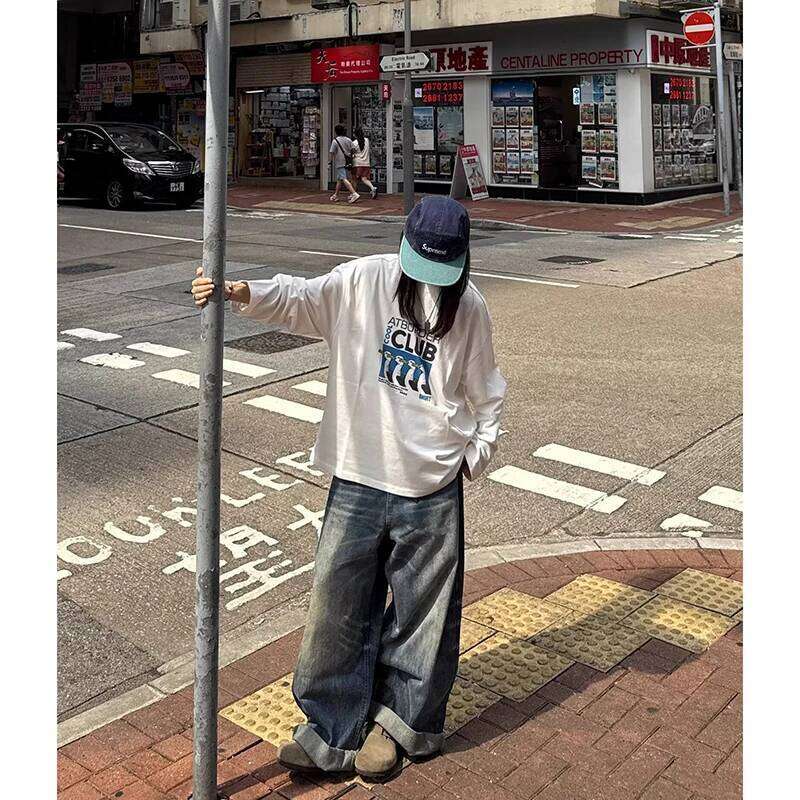 Women's Blue Y2k Oversize Harajuku Vintage Wide Leg Denim Trousers American Retro 2000s Style Boyfriend Jeans Pants Autumn