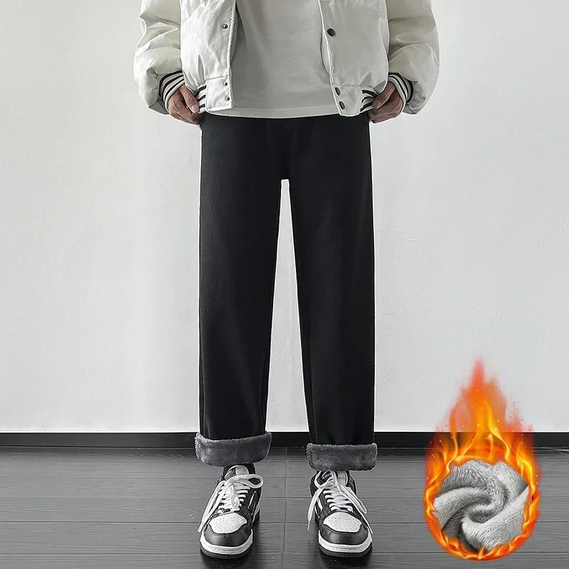 4 Colors Winter Fleece Mens Jeans Baggy Straight Elastic Waist Denim Pants Fashion Korean Thickened Warm Male Thermal Trousers 260127