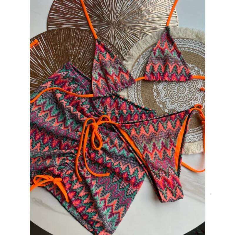 LeLeDolphin Womens Colored Maple Leaves Knitted Skirt Three-Piece Set Split Bikini Stripes Swimsuit C260207