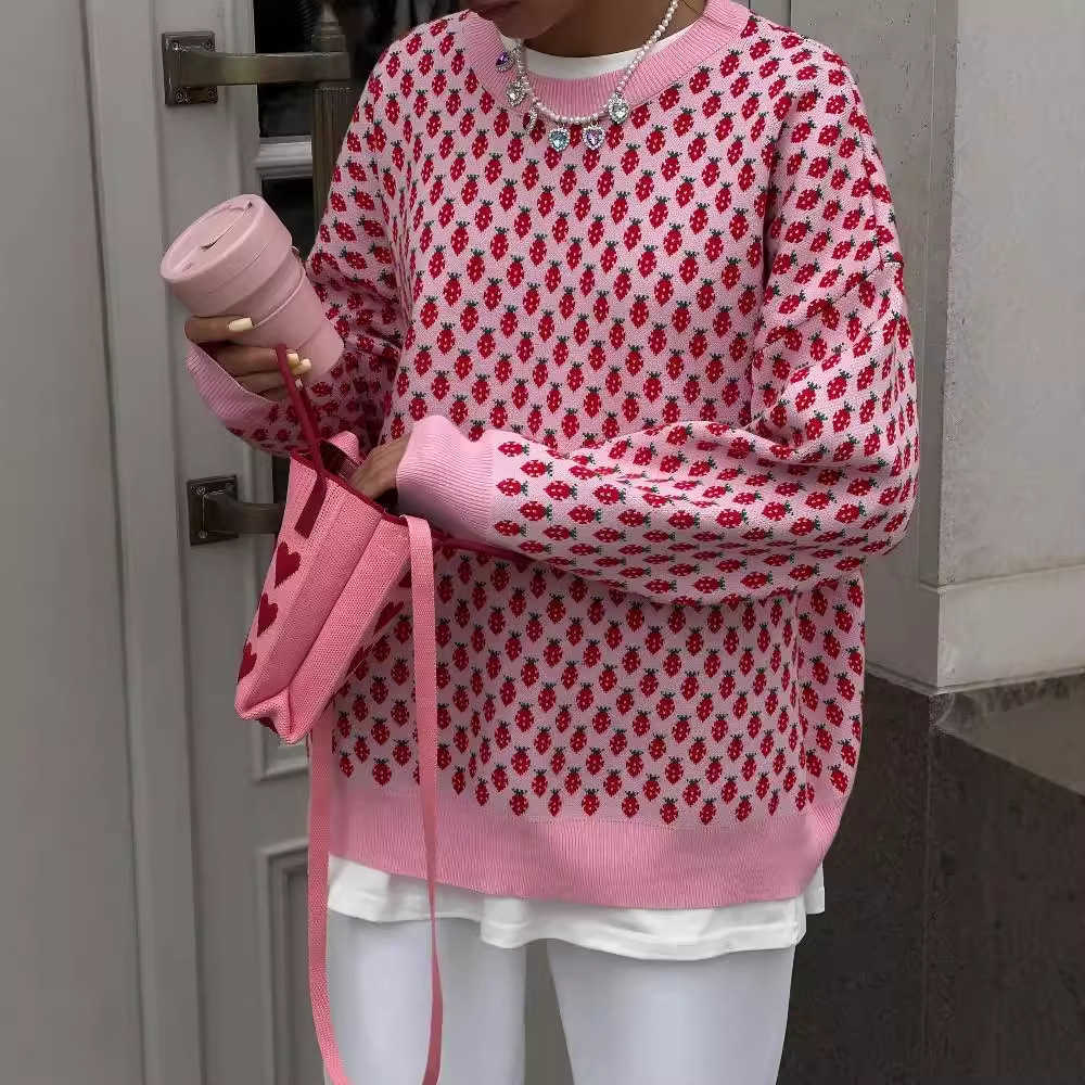 Pink Crew Neck Sweater for Women Autumn/Winter Knitwear Berry Jacquard Pattern Cute Waffle Weave Long Sleeve Knitted Top for Women