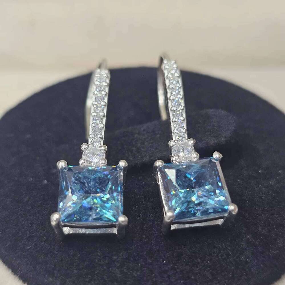 Original Fine Earrings 925 Sterling Silver Excellent Quality Latest Trendy Square Cut Blue Coated Moissanite Gemstone