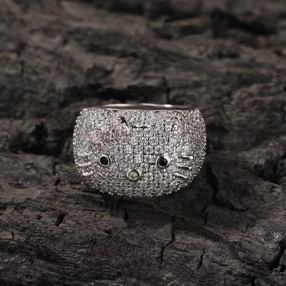 Dropshipping Luxury Iced Out Cat Face Brass 18K Gold Plated Ring for Women and Men Fashion Hip Hop Bling Statement Jewelry