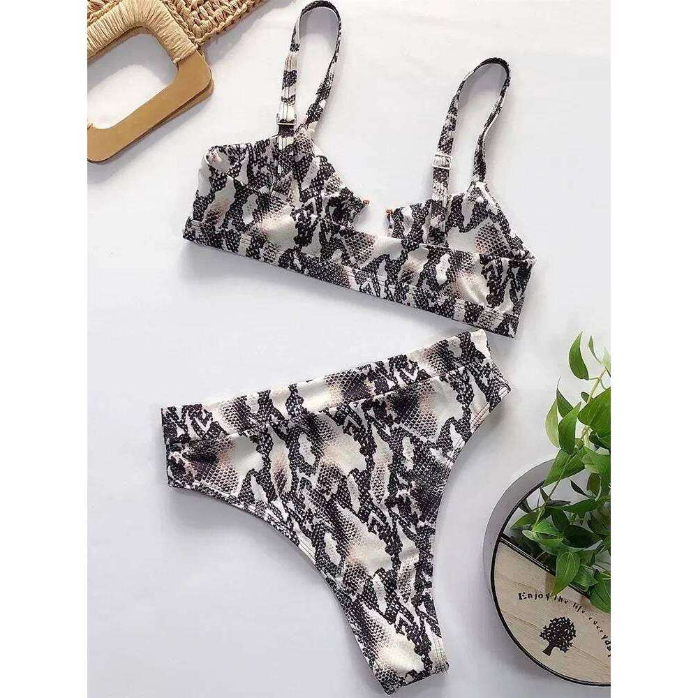 Sexy Snake Printed Female Swimsuit High Waist Women Swimwear Two-pieces Bikini Set Hollow Out Bathing Suit Swim Wear Lady C260207