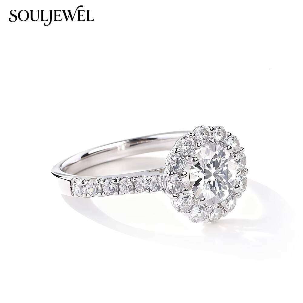 Souljewel Flower Shape 925 Sterling Silver Moissanite Halo Eternity Band Prong Setting Rhodium Plated Luxury Wedding Ring