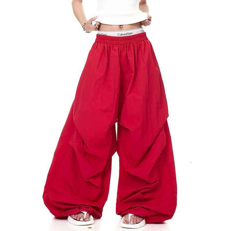 2025 Autumn Men's Parachute Baggy Oversize Red Long Cargo Pants Harajuku Japanese 2000s Style Y2k Vintage Trousers Clothes