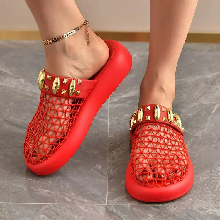 2026 hollowed out breathable toe cap half drag thick sole Roman temperament versatile fashion beach slippers 260208