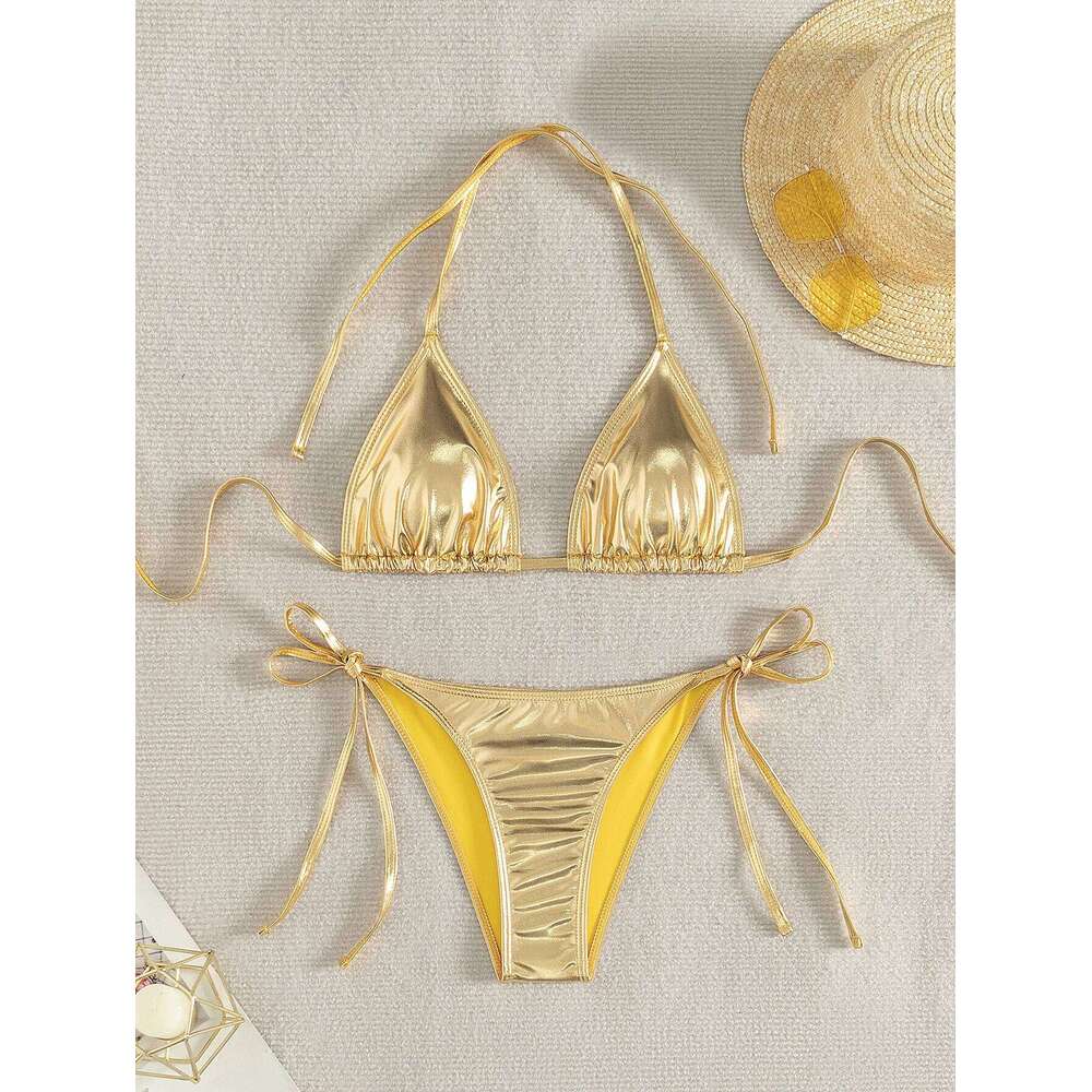 Sexy Triangle Push Up Metallic Brazilian Swimwear Women Golden Silver Side String Bikini Bathing Suit Beach Wear Biquini C260207