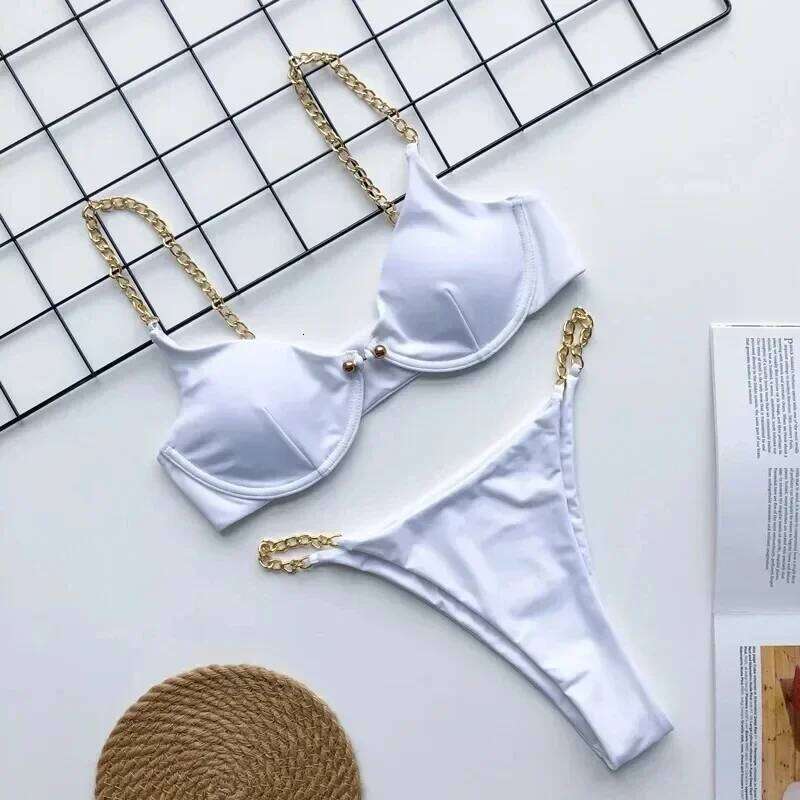 Sexy Chain Push Up Bikinis Set 2023 Mujer Micro Thong Swimsuit Swimwear Women Buckle Bathing Suit Biquinis Feminino Beachwear C260207