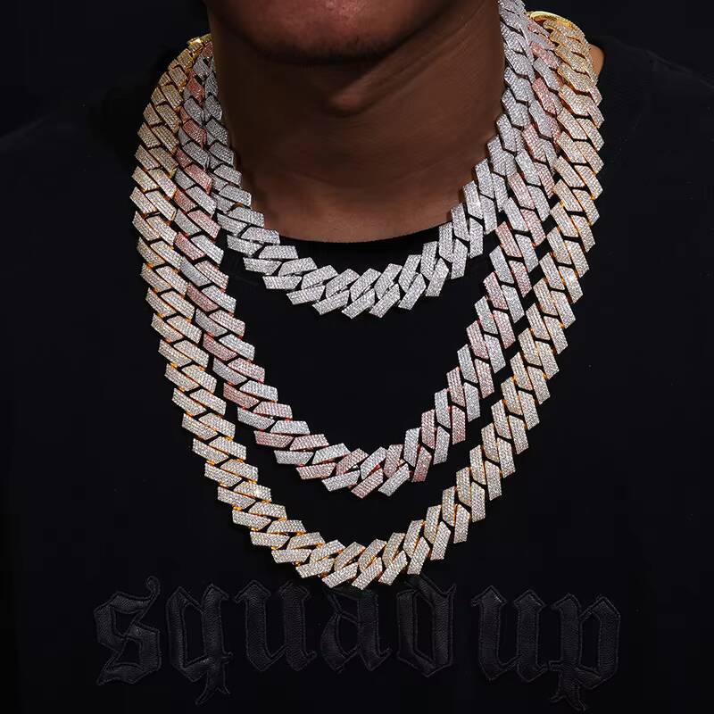 Wholesale Fashion Hip Jewelry 20mm Gold Plated silver 3 Rows vvs moissanite Diamond Iced Out Bling Miami Cuban Link Chain Necklace