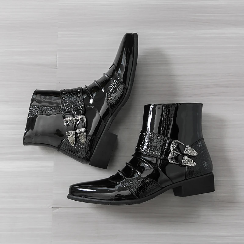 Men Pointed Toe Punk Rock Belt Buckle Leather Casual Chelsea Ankle Boot Winter High Top Monk Strap Hiphop Shoes 260208