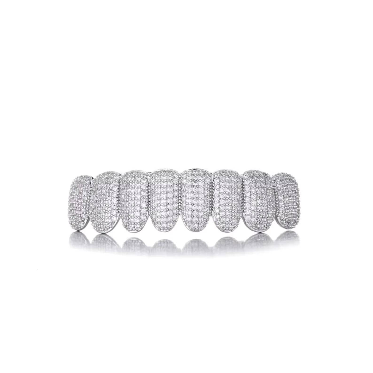 Iced Out Full Set Grillz Silver Fully Paved Sparkling Hip Hop Statement Teeth Jewelry For Men Women
