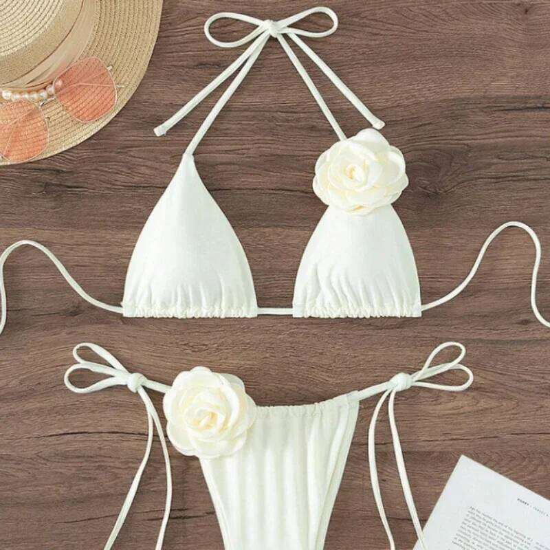 S - L Sexy 3D Flowers Halter Strappy Women Swimwear Female Swimsuit Two-pieces Bikini Set Bather Bathing Suit Swim C260207