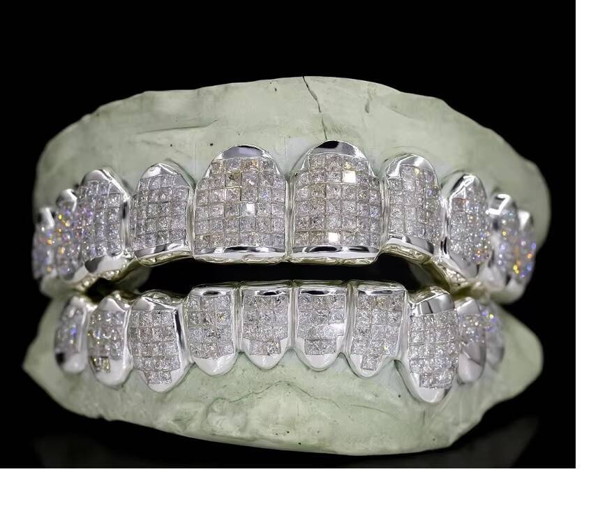 Exquisite White Gold Moissanite Diamond Grillz Set with Stunning Shine and Detailed Craftsmanship Finish from India