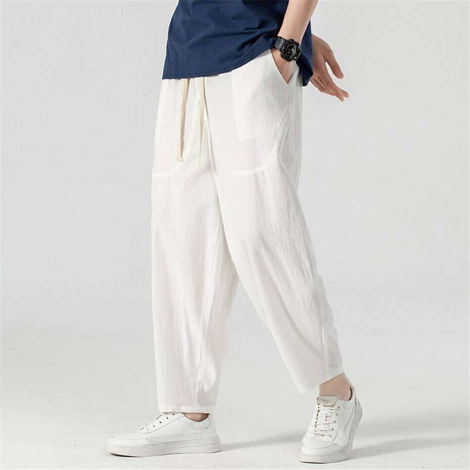 Linen Men Baggy Plus Summer Ankle-length Pants Male Solid Color Bottom Big Size 9XL