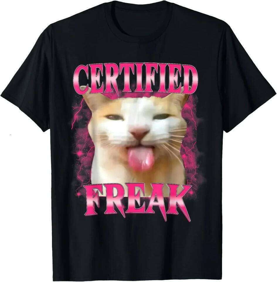 Certified Freak Eating Cement Unhappy Funny Cat Expression Pack Women's Summer Round Neck T-shirt Men's Black Y2K C260207