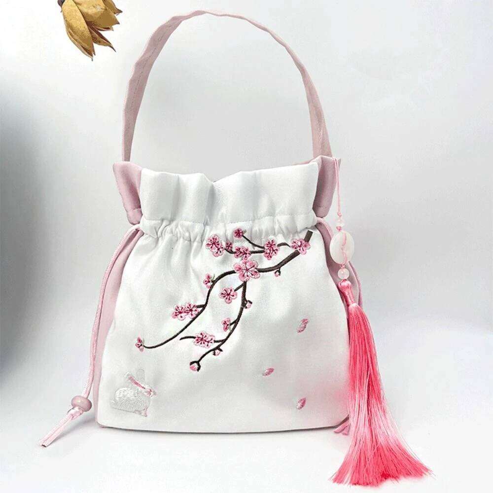 Ethnic Embroidery Drawstring Silk Satin Flower Bucket Bag Chinese Handbag Ancient Style Hanfu Accessories