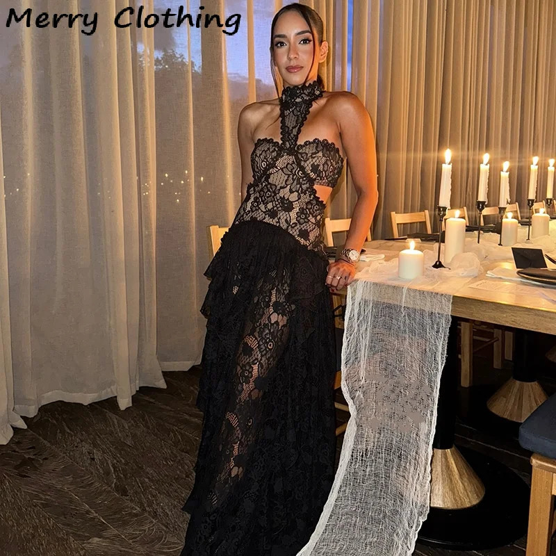Sexy Lace Patchwork Dress Women Hollow Out Sleeveless Party Club Long Skirt See Through Halter Evening Gown Vacation Lady Robes 260122