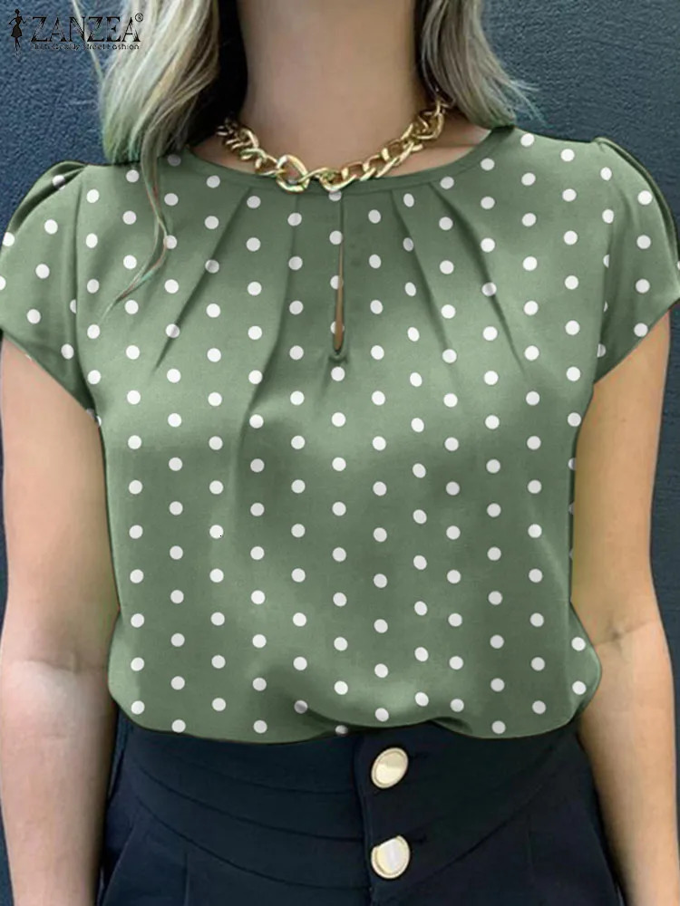 Summer Tunic Tops ZANZEA Women Short Sleeve Polka Dots Blouse Work Holiday Shirt Casual O Neck Blusas Female Chemise Mujer 260207
