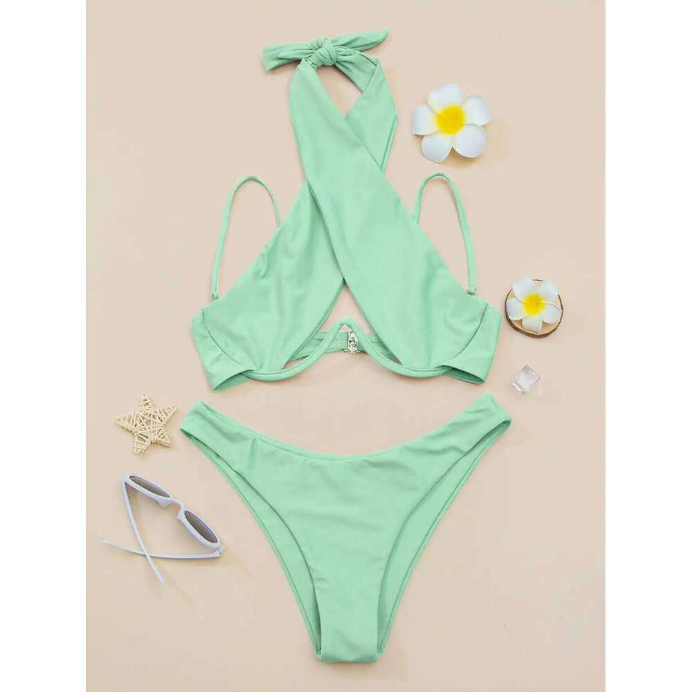 Cross Halter Underwire Bikini 2025 Women Swimsuit Solid Push Up Swimwear Female Bathers Bathing Swimming Suit Summer Beachwear C260207