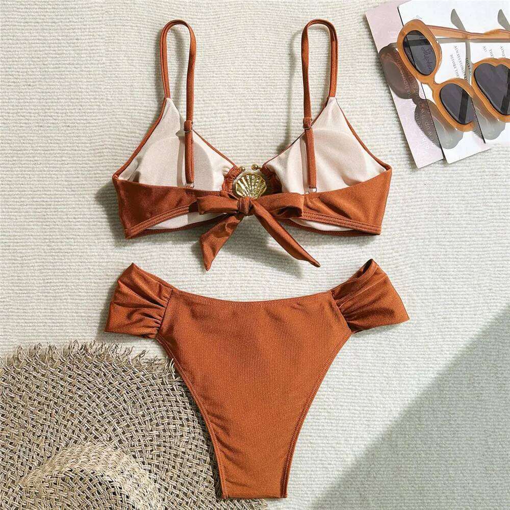 Metal Shell Ring Swimwear Sexy Wine Red Sets Swimsuit Women 2025 Ruched Bathing Suit Swimming Wear Bikinis De Mujer C260207
