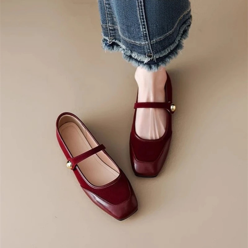 Womens Autumn/Winter Mary Jane Flats - Patchwork Square Toe Single Strap Shallow Cut Flats Elegant Versatile Flat Sole Shoes 260123