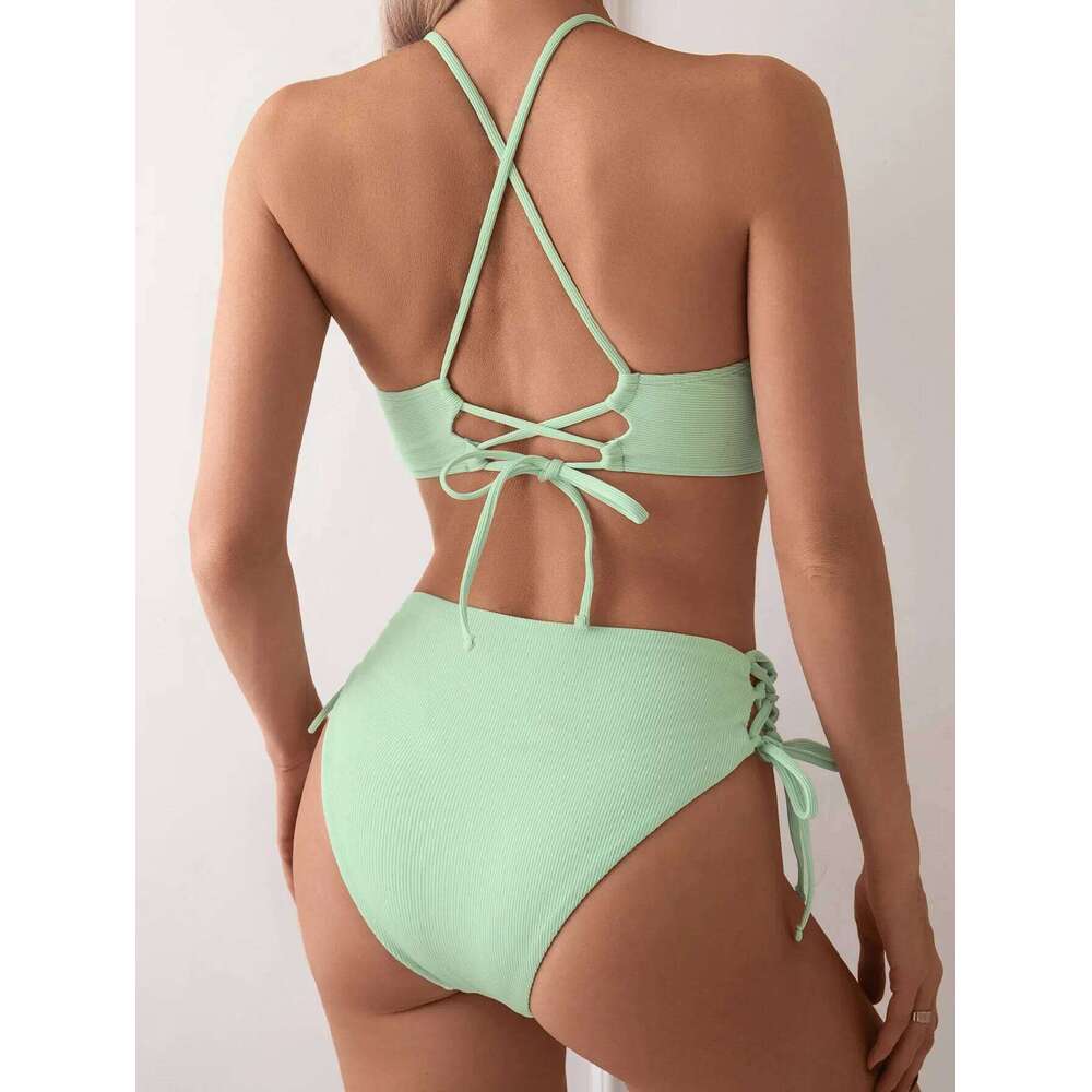 Cikini-V-Neck Split Bikini Set for Women, Sexy Swimsuit, Lace Up, Triangular Bikinis, Solid Color, Beach Swimwear, Bathing Suit C260207